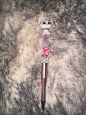 Aristocats Doorable Pink Cat Bead Charm Pen - Cute Butterfly Accent